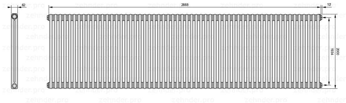 Схема (чертеж) Радиатор Zehnder Charleston 2200/58 №7610 Белый глянцевый RAL 9016
